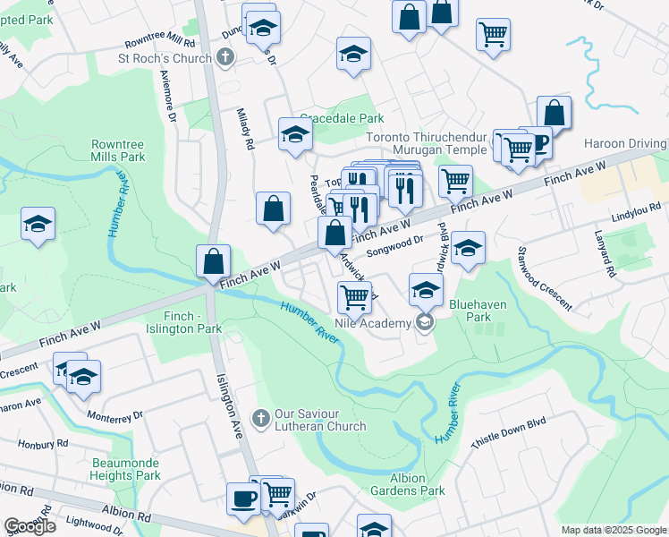 map of restaurants, bars, coffee shops, grocery stores, and more near 3049 Finch Avenue West in Toronto