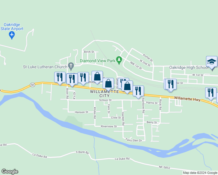 map of restaurants, bars, coffee shops, grocery stores, and more near 47621 Teller Road in Oakridge