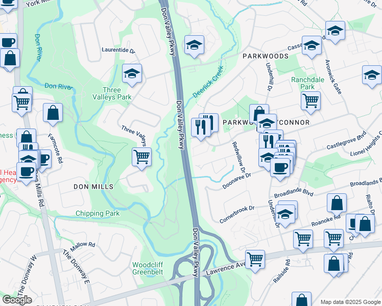 map of restaurants, bars, coffee shops, grocery stores, and more near 68 Cassandra Boulevard in Toronto
