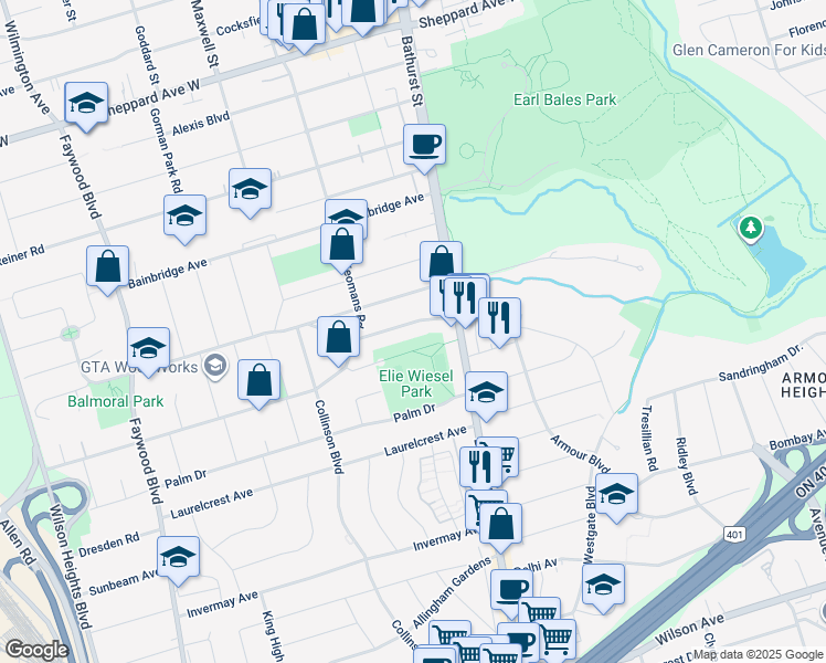 map of restaurants, bars, coffee shops, grocery stores, and more near in Toronto