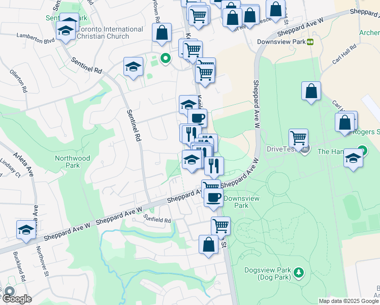 map of restaurants, bars, coffee shops, grocery stores, and more near in Toronto