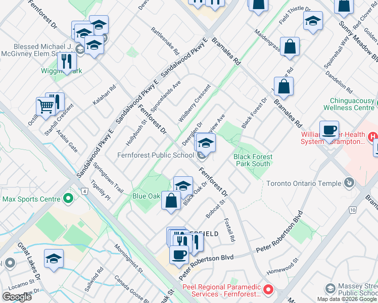 map of restaurants, bars, coffee shops, grocery stores, and more near 6 Deerglen Drive in Brampton