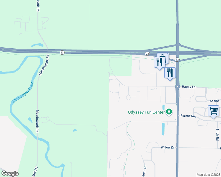 map of restaurants, bars, coffee shops, grocery stores, and more near 1029 Happy Lane in Sheboygan Falls