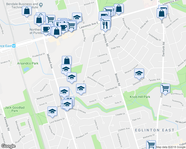 map of restaurants, bars, coffee shops, grocery stores, and more near 14 Penzance Drive in Toronto