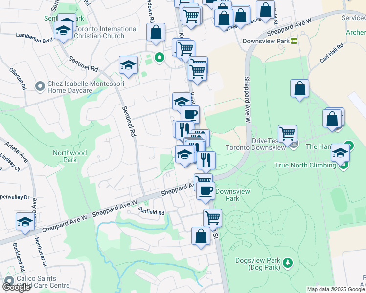 map of restaurants, bars, coffee shops, grocery stores, and more near 3390 Keele Street in Toronto