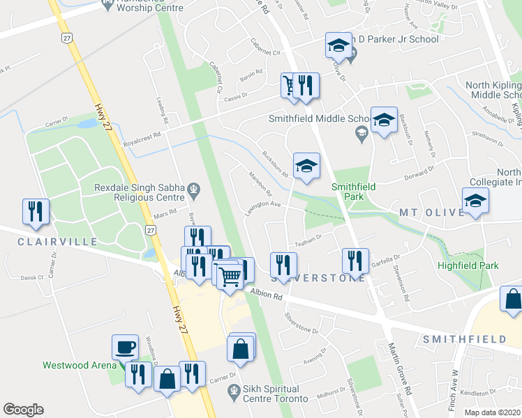 map of restaurants, bars, coffee shops, grocery stores, and more near in Toronto