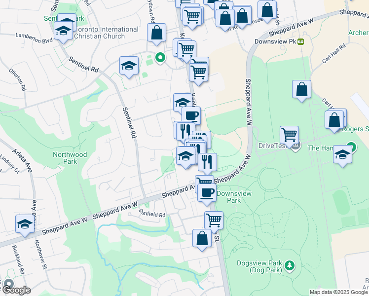 map of restaurants, bars, coffee shops, grocery stores, and more near 3390 Keele Street in Toronto