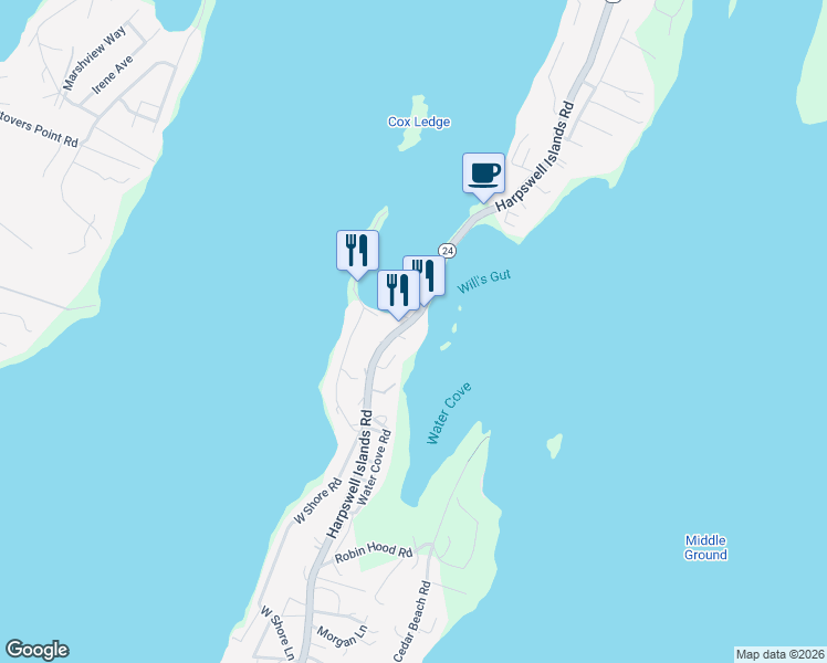 map of restaurants, bars, coffee shops, grocery stores, and more near 1945 Harpswell Island Road in Harpswell
