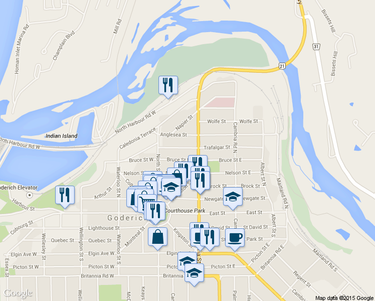 map of restaurants, bars, coffee shops, grocery stores, and more near 54 Trafalgar Street in Goderich