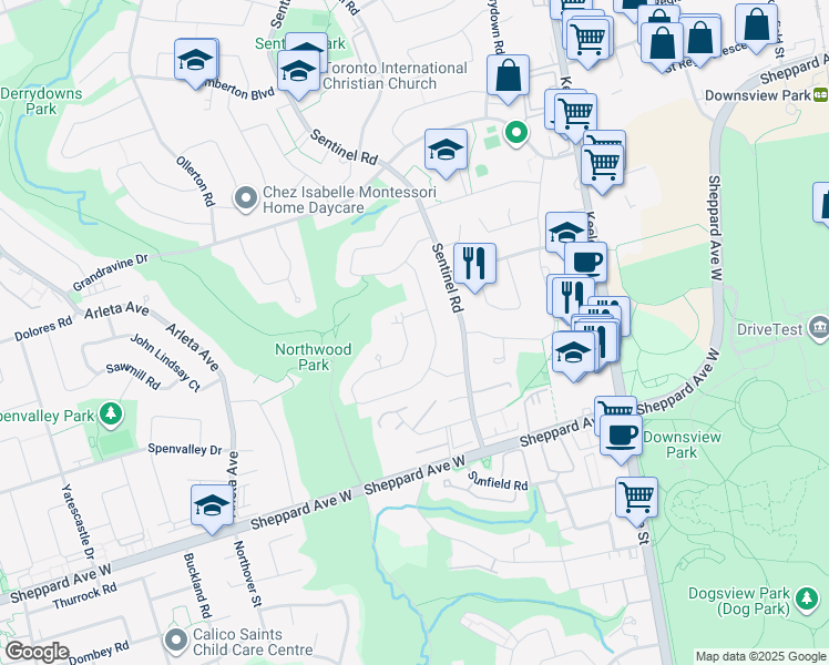 map of restaurants, bars, coffee shops, grocery stores, and more near in Toronto