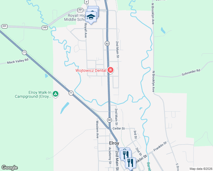 map of restaurants, bars, coffee shops, grocery stores, and more near 1028 Wisconsin 80 Trunk in Elroy