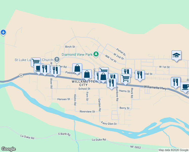 map of restaurants, bars, coffee shops, grocery stores, and more near 47662 Clark Street in Oakridge