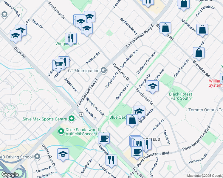 map of restaurants, bars, coffee shops, grocery stores, and more near 34 Hollybush Street in Brampton