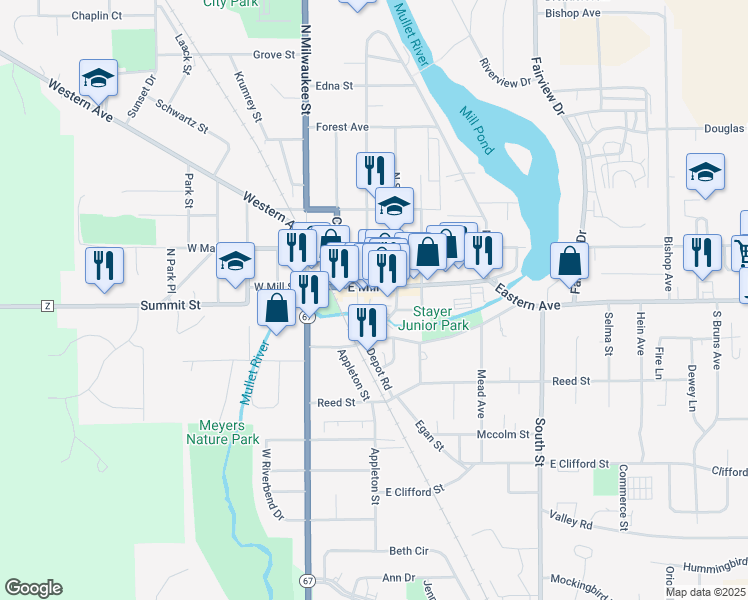 map of restaurants, bars, coffee shops, grocery stores, and more near 215 East Mill Street in Plymouth