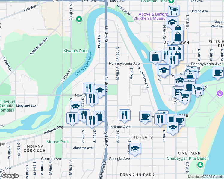 map of restaurants, bars, coffee shops, grocery stores, and more near 1399 Virginia Ave in Sheboygan