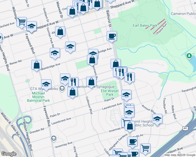 map of restaurants, bars, coffee shops, grocery stores, and more near 23 Yeomans Road in Toronto