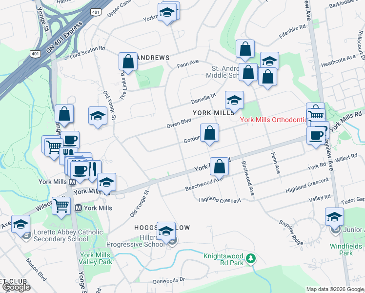 map of restaurants, bars, coffee shops, grocery stores, and more near 67 Gordon Road in Toronto