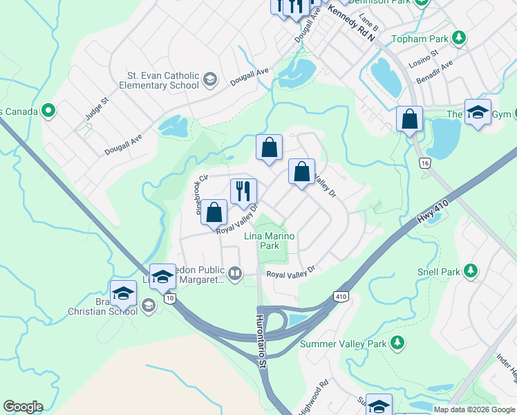 map of restaurants, bars, coffee shops, grocery stores, and more near 150 Royal Valley Drive in Regional Municipality of Peel