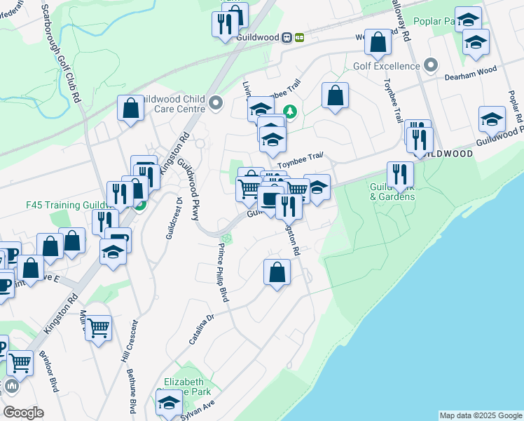 map of restaurants, bars, coffee shops, grocery stores, and more near 105 Guildwood Parkway in Toronto