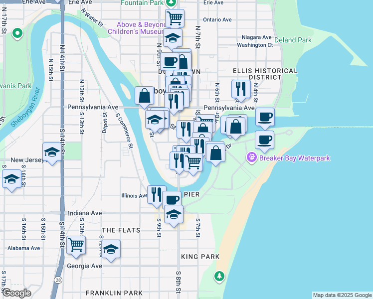 map of restaurants, bars, coffee shops, grocery stores, and more near 701 South 8th Street in Sheboygan