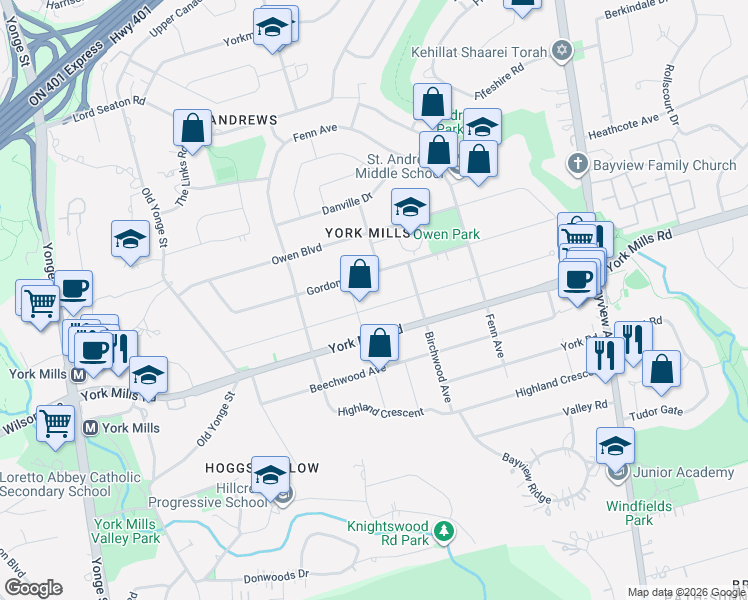 map of restaurants, bars, coffee shops, grocery stores, and more near 82 Munro Boulevard in Toronto