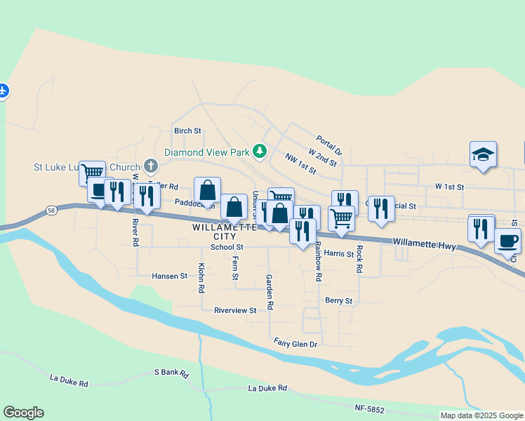 map of restaurants, bars, coffee shops, grocery stores, and more near 47662 Clark Street in Oakridge