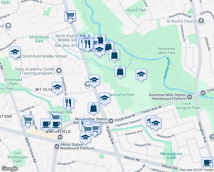 map of restaurants, bars, coffee shops, grocery stores, and more near 18 Panorama Court in Toronto