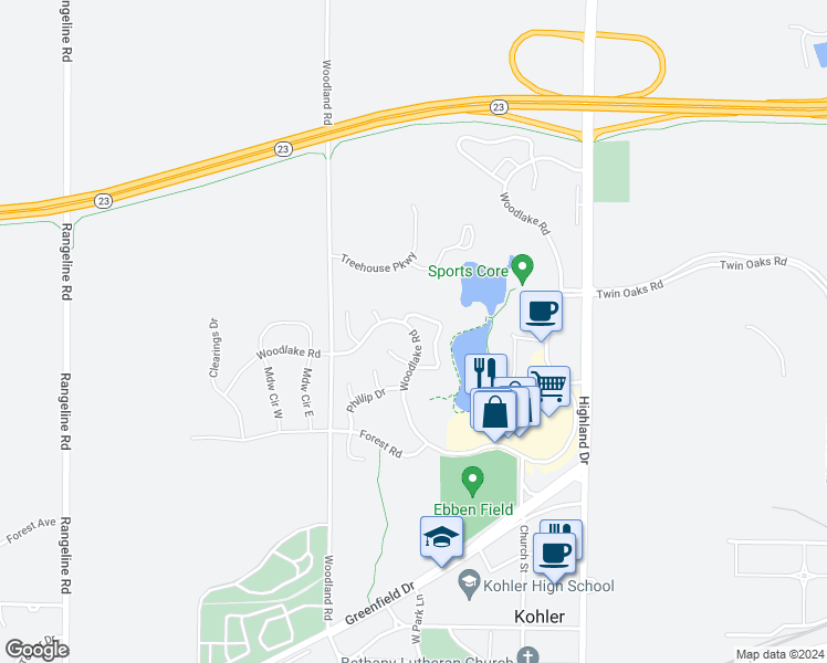 map of restaurants, bars, coffee shops, grocery stores, and more near 494 Woodlake Road in Kohler