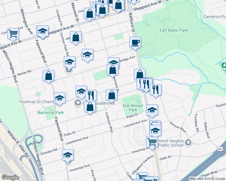 map of restaurants, bars, coffee shops, grocery stores, and more near in Toronto