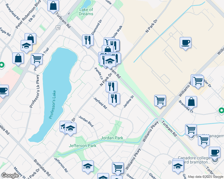 map of restaurants, bars, coffee shops, grocery stores, and more near in Brampton