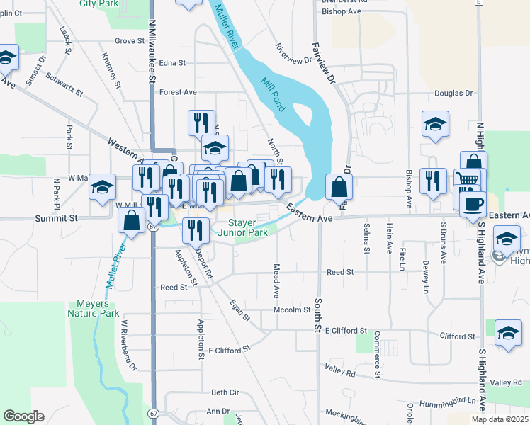 map of restaurants, bars, coffee shops, grocery stores, and more near 429 East Mill Street in Plymouth