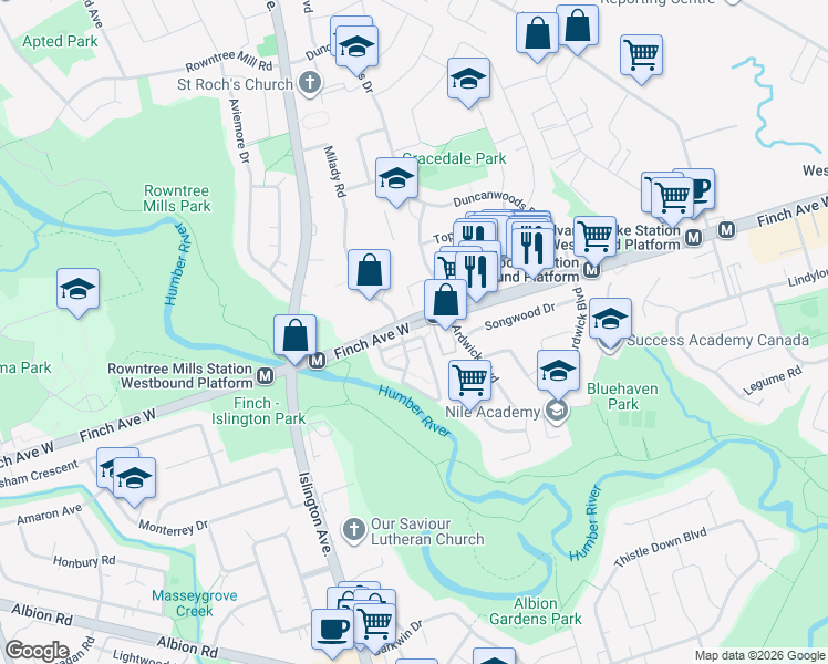 map of restaurants, bars, coffee shops, grocery stores, and more near 3025 Finch Avenue West in Toronto