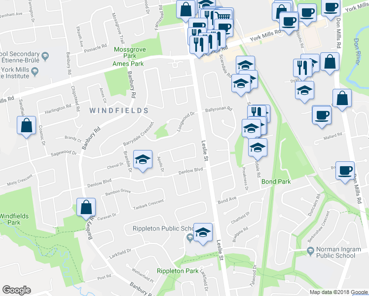 map of restaurants, bars, coffee shops, grocery stores, and more near 47 Apollo Drive in Toronto