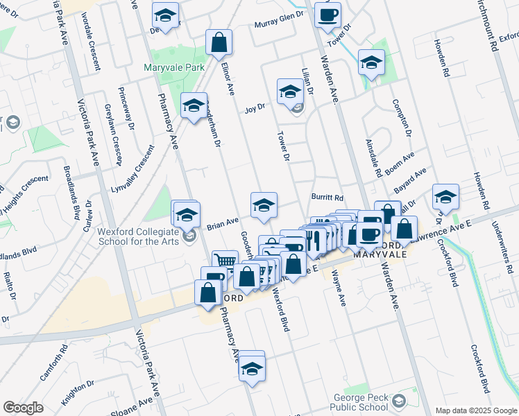 map of restaurants, bars, coffee shops, grocery stores, and more near in Toronto