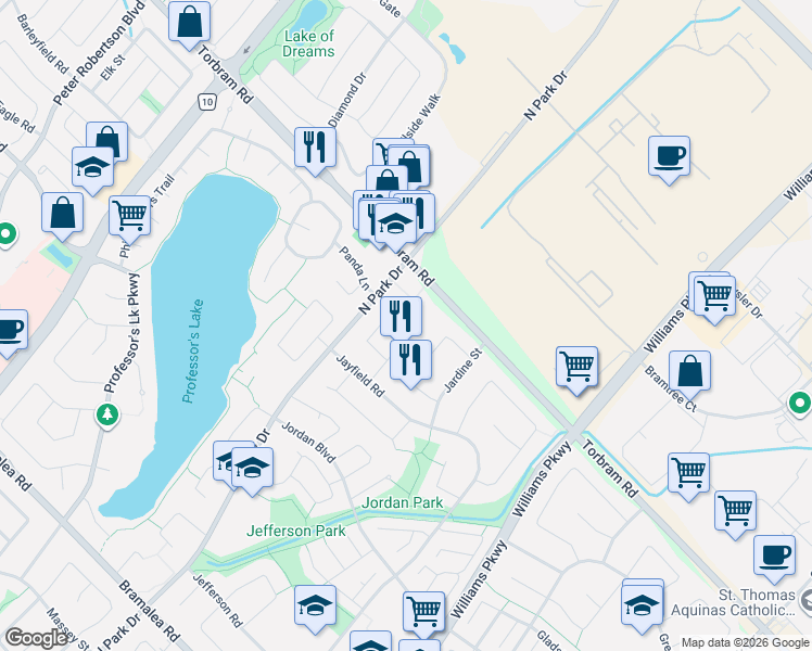 map of restaurants, bars, coffee shops, grocery stores, and more near 47 Jade Crescent in Brampton