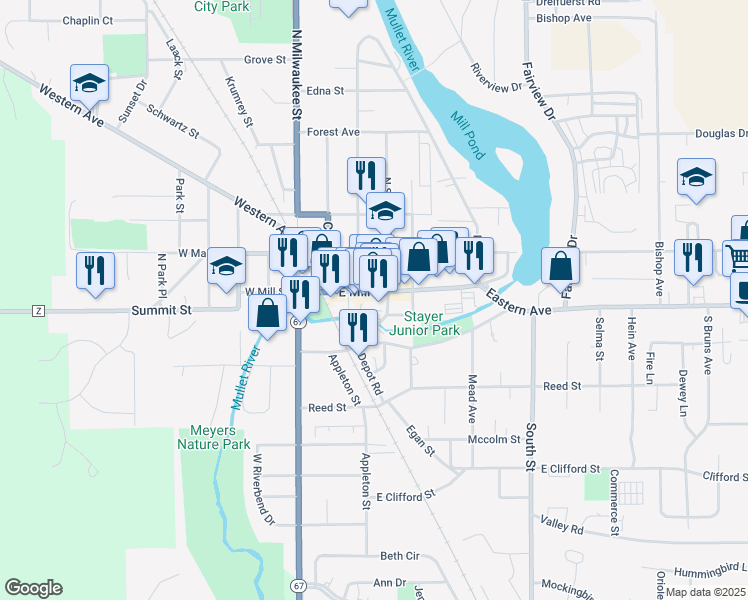 map of restaurants, bars, coffee shops, grocery stores, and more near 215 East Mill Street in Plymouth