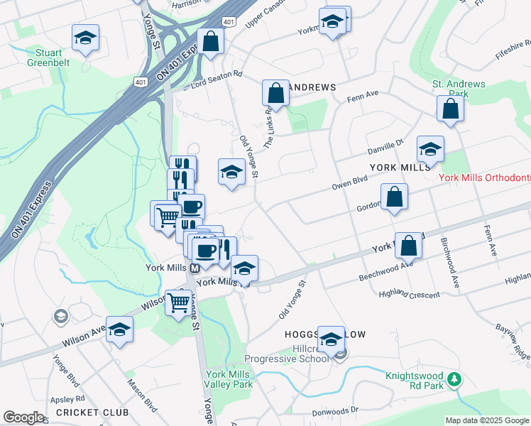 map of restaurants, bars, coffee shops, grocery stores, and more near Old Yonge Street in Toronto