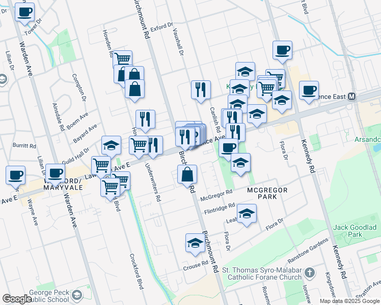 map of restaurants, bars, coffee shops, grocery stores, and more near 2169 Lawrence Avenue East in Toronto