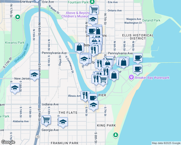 map of restaurants, bars, coffee shops, grocery stores, and more near 823 Virginia Avenue in Sheboygan