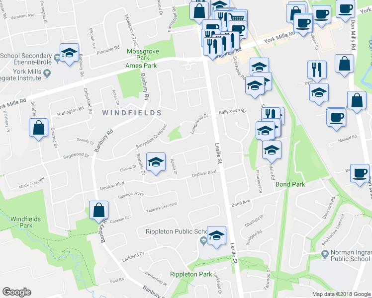 map of restaurants, bars, coffee shops, grocery stores, and more near 38 Apollo Drive in Toronto