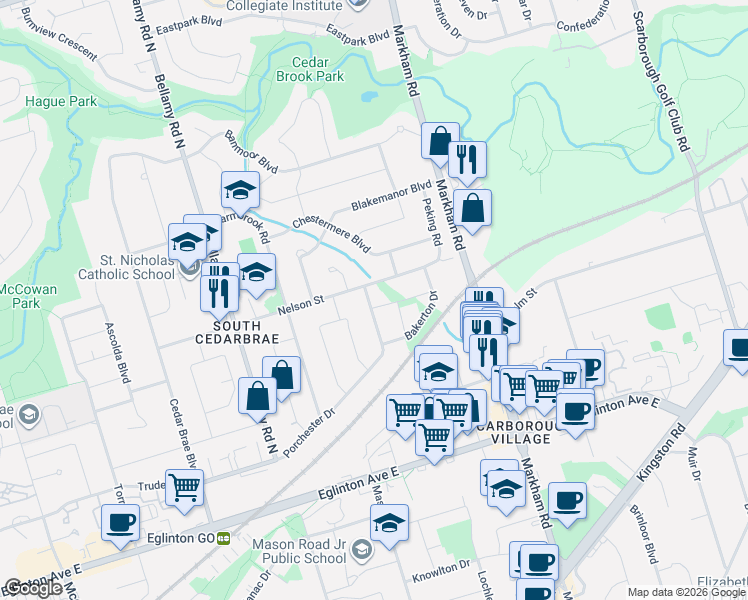 map of restaurants, bars, coffee shops, grocery stores, and more near 2 Norwalk Street in Toronto
