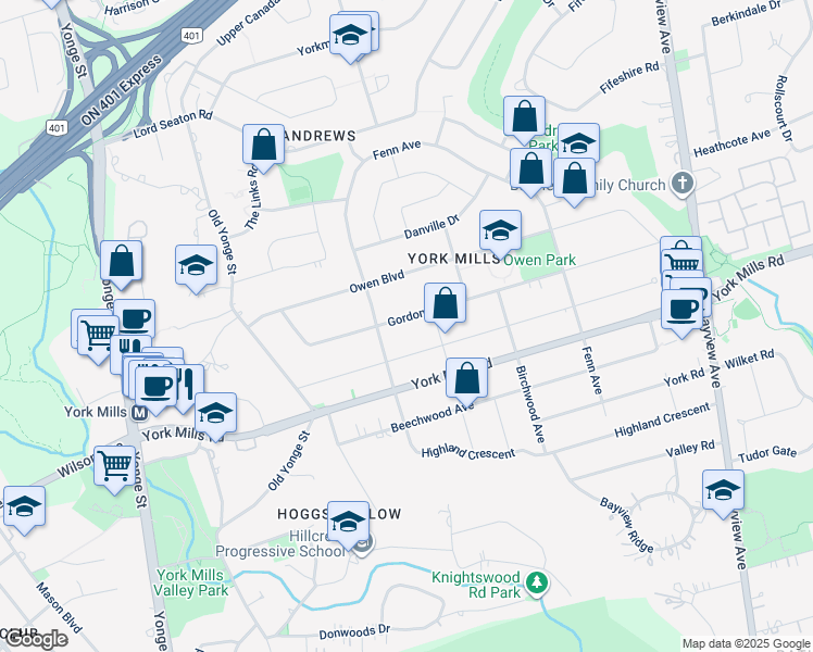 map of restaurants, bars, coffee shops, grocery stores, and more near 71 Gordon Road in Toronto