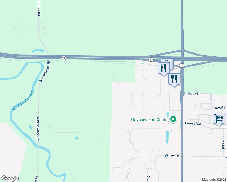 map of restaurants, bars, coffee shops, grocery stores, and more near 1029 Happy Lane in Sheboygan Falls