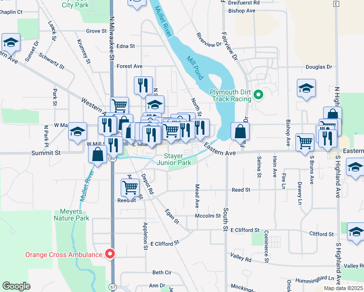 map of restaurants, bars, coffee shops, grocery stores, and more near 429 East Mill Street in Plymouth