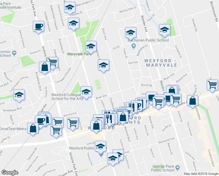 map of restaurants, bars, coffee shops, grocery stores, and more near 49 Gooderham Drive in Toronto