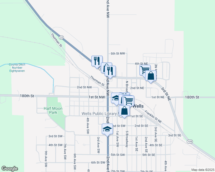 map of restaurants, bars, coffee shops, grocery stores, and more near 280 2nd Avenue Southwest in Wells