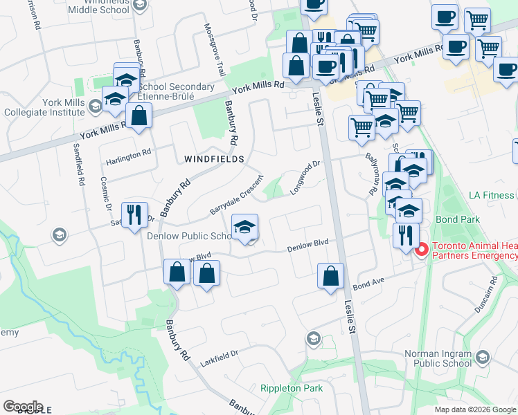 map of restaurants, bars, coffee shops, grocery stores, and more near 47 Longwood Drive in Toronto
