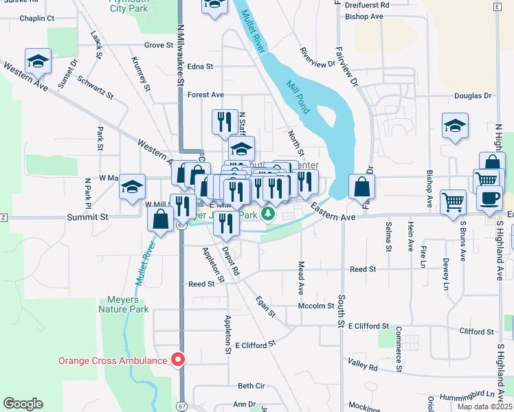 map of restaurants, bars, coffee shops, grocery stores, and more near 321 East Mill Street in Plymouth