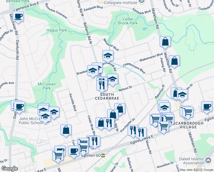 map of restaurants, bars, coffee shops, grocery stores, and more near 211 Bellamy Road North in Toronto