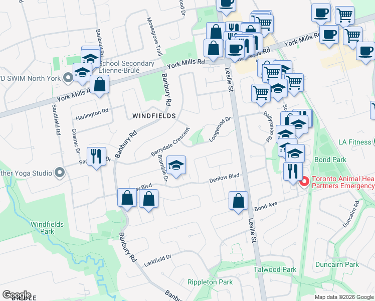 map of restaurants, bars, coffee shops, grocery stores, and more near 47 Longwood Drive in Toronto